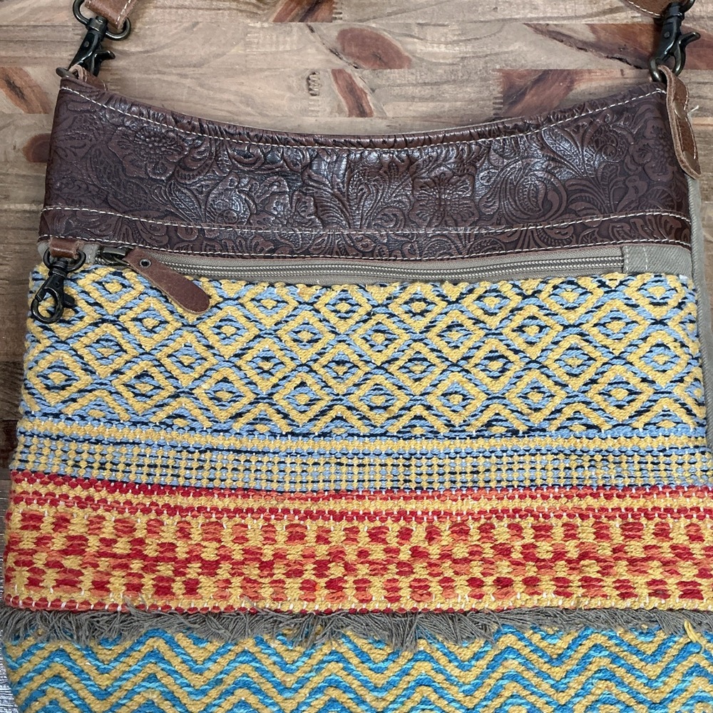 Myra Canvas Leather Woven Crossbody Bag Boho Western Fringe Adjustable Strap - Picture 4 of 13
